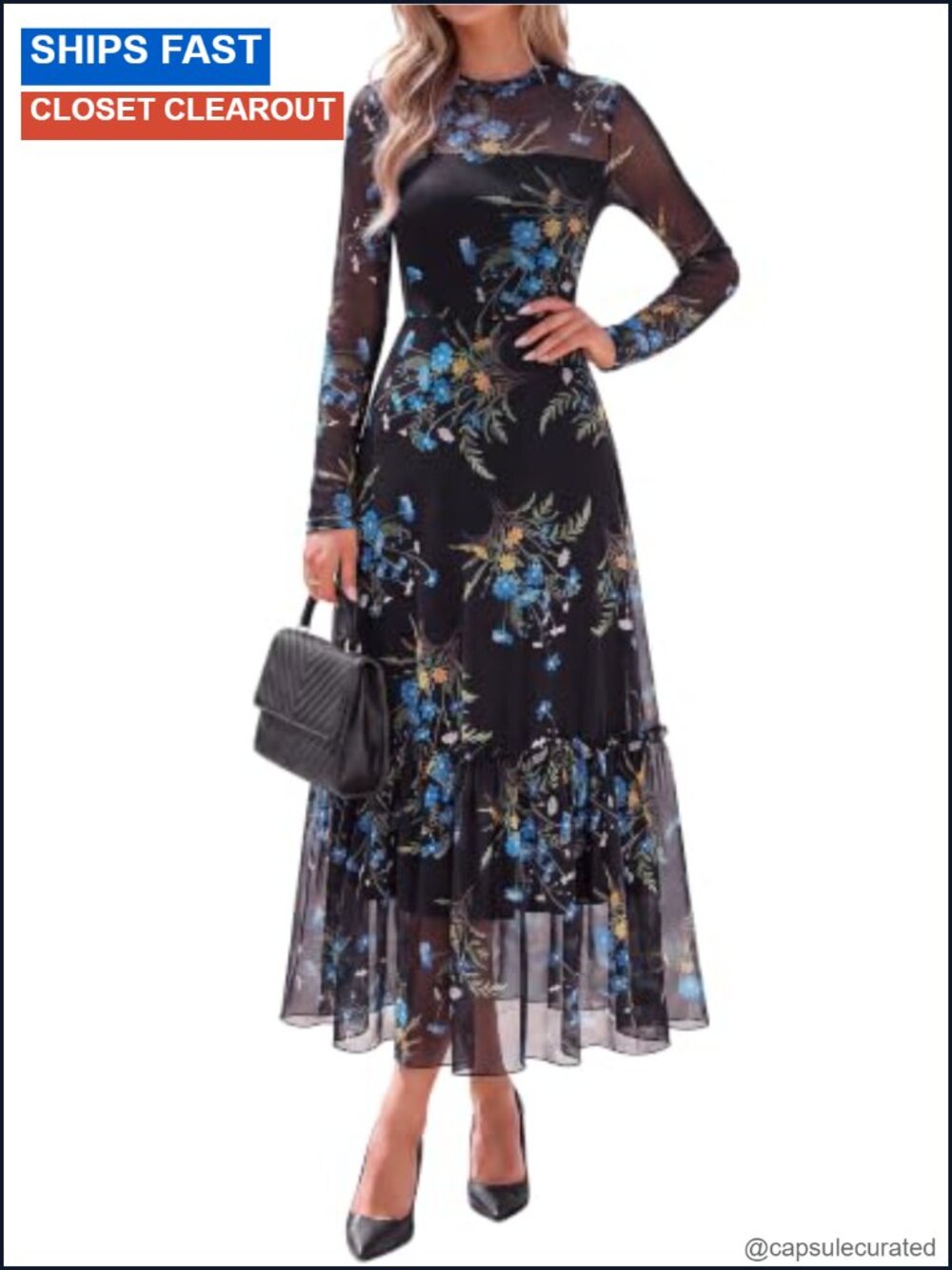 Boho Sheer Mesh Mock Neck Long Sleeve Maxi Dress with Ruffle Hem